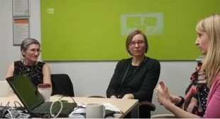 Lisa Allen (far right) talking to Clare Moriarty (far left) about the fundamentals of a data framework, as Sophia Oliver listens in.