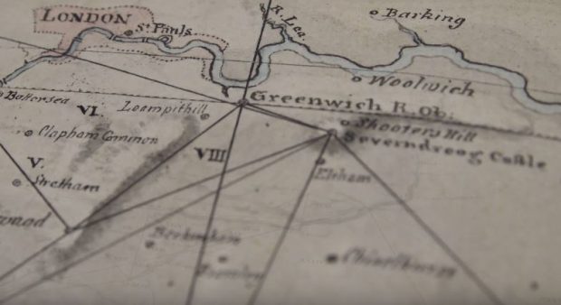 This 1790 OS-proto-map shows Major General William Roy's work with Greenwich and Paris Observatories to improve latitude and longitude records