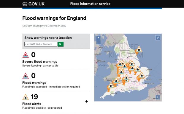 Flood warnings for England map