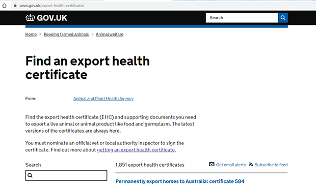 Find an export health certificate screenshot