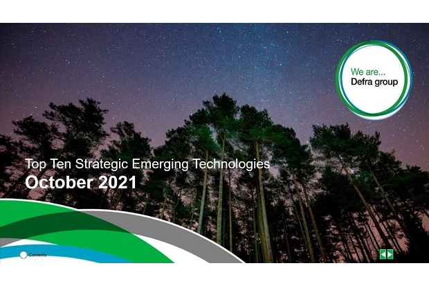  The cover page of the report ‘Top 10 emerging technologies for Defra, October 2021’. There’s a photo of tall pine trees with a starry night sky above them, with the Defra logo and Defra branding over the top. 