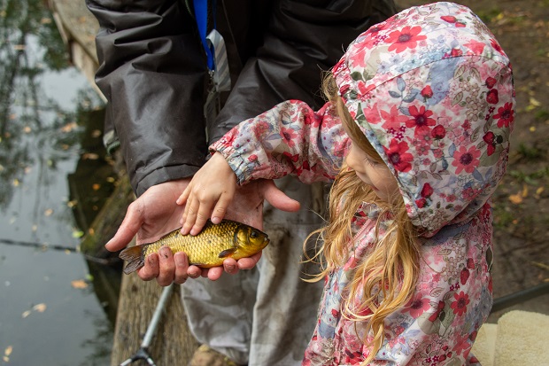 A young girl, wearing a pink and red flower patterned jacket touches a small golden fish that is being held by an adult., next to water.