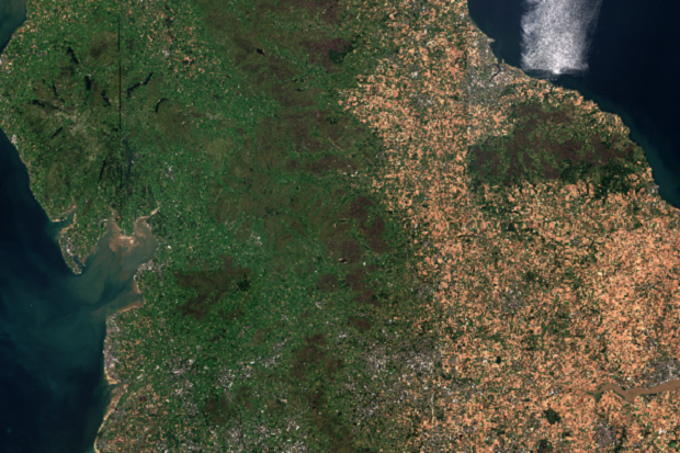 Satellite image of Northern England showing areas of parched land affected by drought