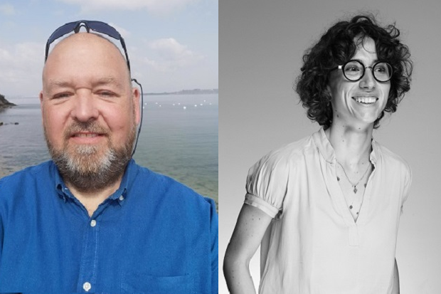 A man on the left wearing a blue shirt, smiling with sunglasses on his head and the sea in the background. Black and white picture of a slim woman on the left, with dark curly hair and glasses, a white blouse and with her hands by her side. 