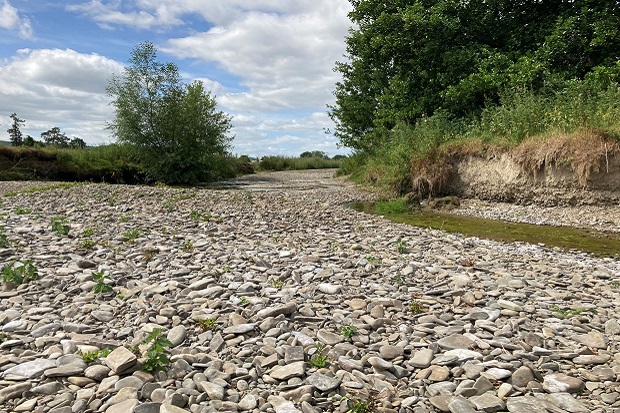 A river bed, mostly dried up, but with just a small amount of water at the very bottom