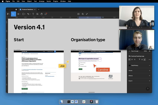 A screenshot of a figma workspace with a prototype being worked on. Caroline and Joe video images appear at the top of the screen and their cursors can be seen on the Figma workspace.