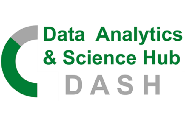 Graphic showing a semi-circle logo and the words Data Analytics and Science Hub, DASH.