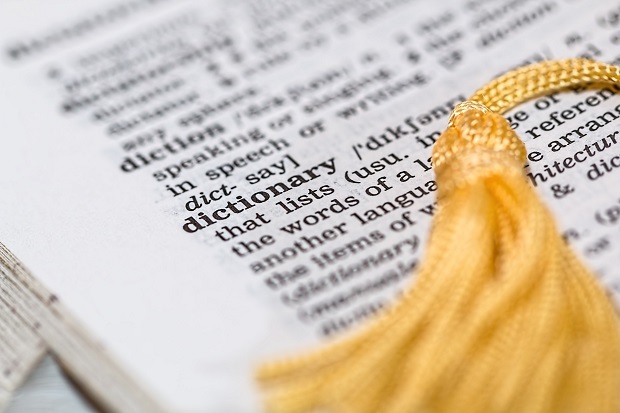 An extract of a page from a dictionary, which describes the word dictionary, and also visible on the page is a gold tassle.