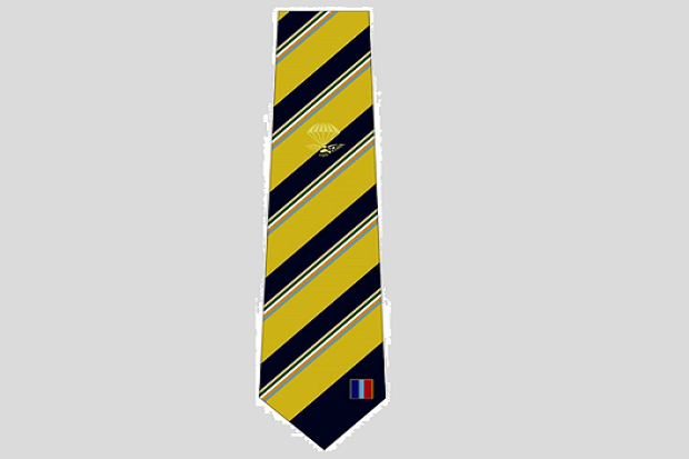 A blue and yellow striped tie, with a parachute motif halfway up and a red, white, and blue flag at the bottom.