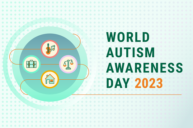A circular, patterned logo on the left, with the words 'World Autism Awareness day 2023' on the right.