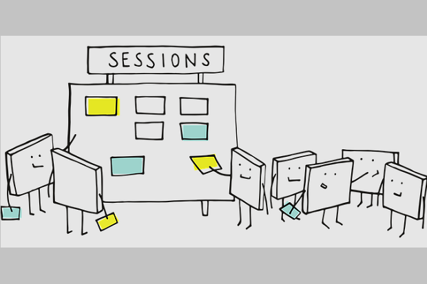 A cartoon drawing of post-it notes disguised as people looking at a discussion board with the word ‘sessions’ written above it.