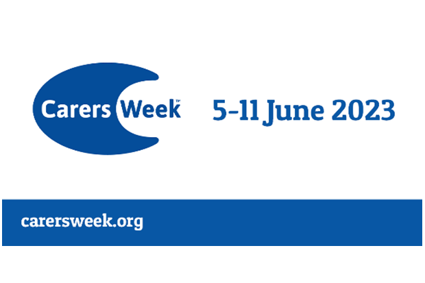 Blue and white logo displaying the words Carers week, 5 to 11 June 2023, carersweek.org