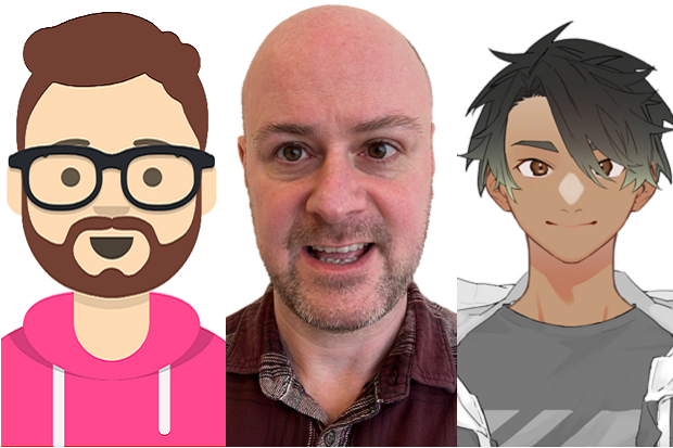 On the left, a minimalistic cartoon avatar of Christopher, a white man with messy brown hair, glasses, and a beard, wearing a bright pink hoodie. Centre, Portrait photo of Chris, a white male with not much cropped brown hair and beard, wearing a checked purple shirt. On the right, Anime style avatar of Zico, a dark skinned man with straight black hair crossing part of his face, and brown eyes, wearing a grey t-shirt and white hooded unzipped grey jacket. Not shown, lots of freckles.