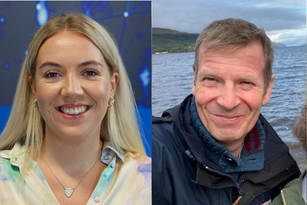 On the left, a lady, smiling, with long blond hair and wearing an open neck shirt and a pendant, on the right, a man, with short hair, and wearing a dark jacket with the sea in the background.