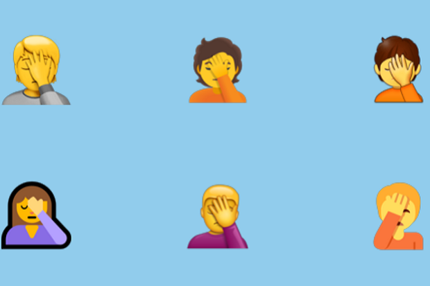 Six different renderings of the Person Facepalming emoji