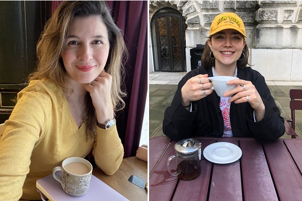 A collage of two people. On the left a lady with long brown hair wearing a yellow jumper, with a mug of tea in the foreground, on the right, a person with dark hair wearing a yellow cap and black top, holding a white cup and with a cafetiere in the foreground.