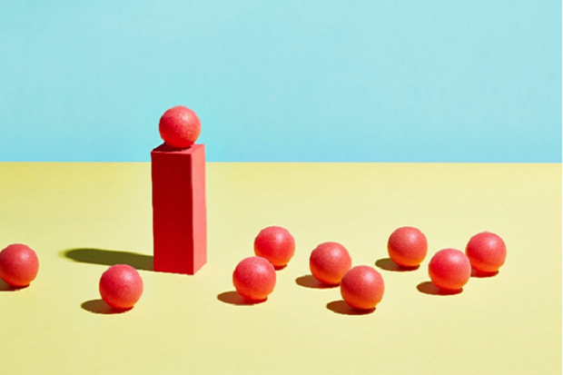 Red balls, on a yellow surface, with a blue background.