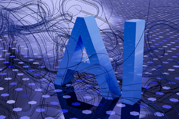 Blue letters on a black and blue surface that say ‘AI’.