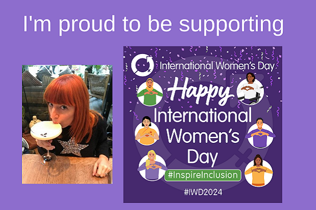 A purple poster featuring a lady drinking from a glass, on the left, and a logo that says ‘Happy International Women’s Day’ on the right.