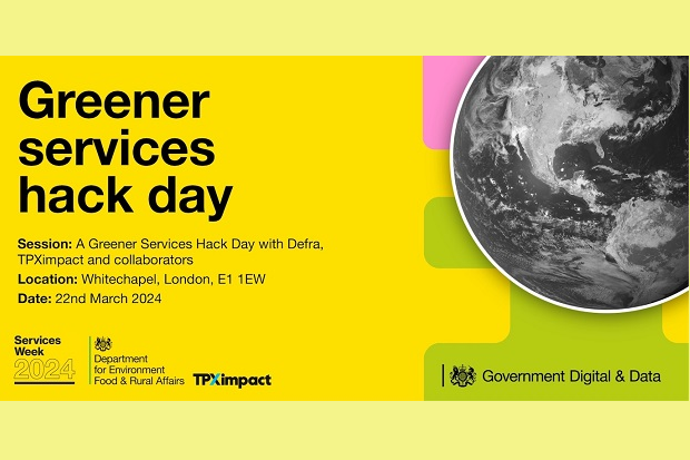 A yellow graphic with the words 'greener services hack day' and an image of planet earth.