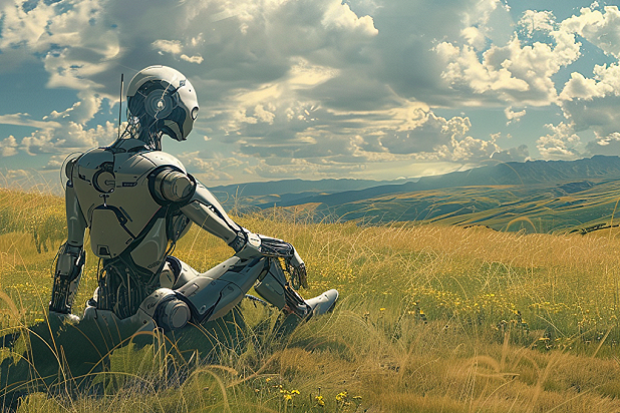 A robot sitting in a field