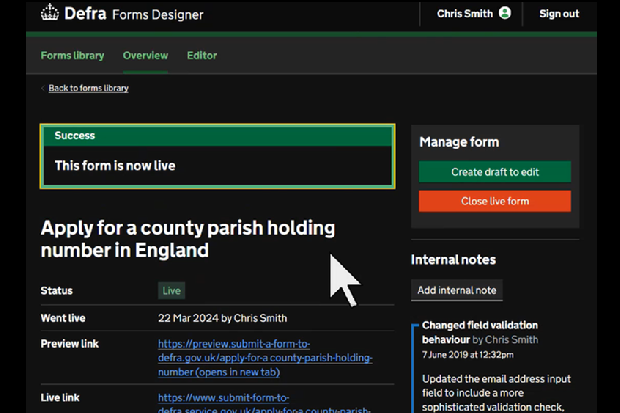 A screenshot of Defra Forms Designer showing text relating to a form in dark mode with an enlarged cursor.