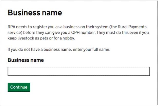 A screenshot from the online CPH form.  It shows the 'Business name' form field with accompanying hint text explaining users must enter their full name if they do not have a business name.