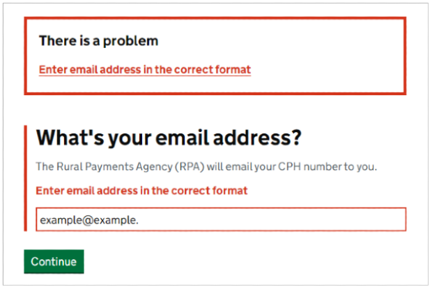 A screenshot from the online CPH form. It shows a red error message box which says, 'There is a problem. Enter email address in the correct format.' Below that, it shows an incomplete email address entered by the user.