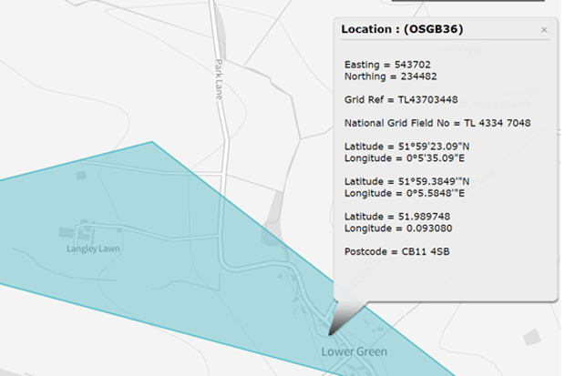 A screenshot from MAGIC maps which shows an area of land selected and a pop-out box with various numbers relating to the selected area. These include the 'Grid Ref', National Grid field number, latitude, longitude, postcode, easting and northing.