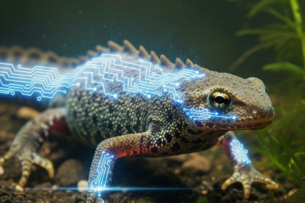 An image of a lizard, which appears to be lit up with computer circuits