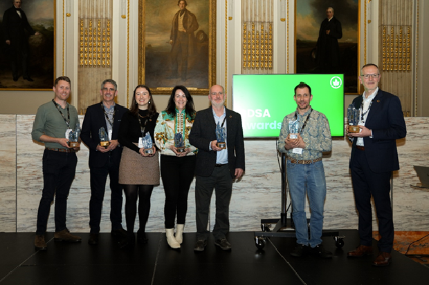 Photograph of seven people standing on a stage holding awards in front of a green screen displaying "DSA Awards." The setting features a marble wall with three large framed portraits, and individuals are dressed in business casual attire, indicating a formal award ceremony.