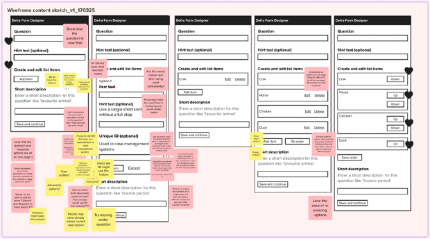 Screenshot of a wireframe flow with sticky notes and emoji hearts in various places.