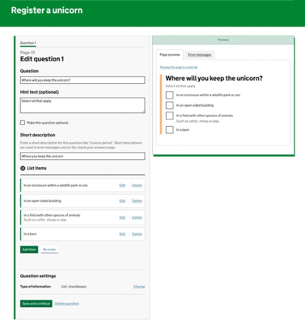 A screenshot showing the user interface for the Defra forms designer. On the left, the person building the form defines the content for a question. The preview window on the right shows how the question will look to end users and updates in real time.